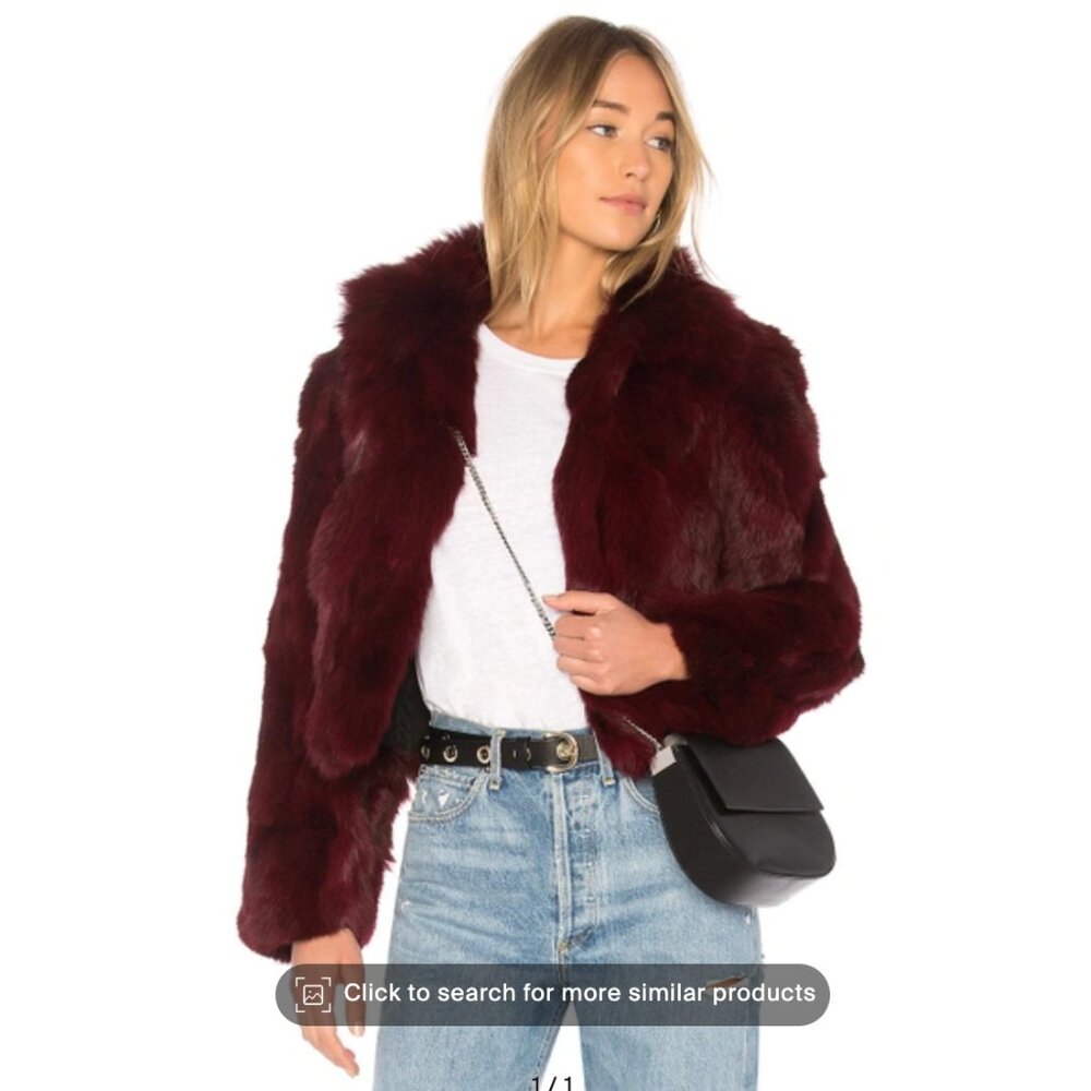 Rabbit Jacket With Fox Collar in Cranberry Adrienne Landau, Cranberry, L